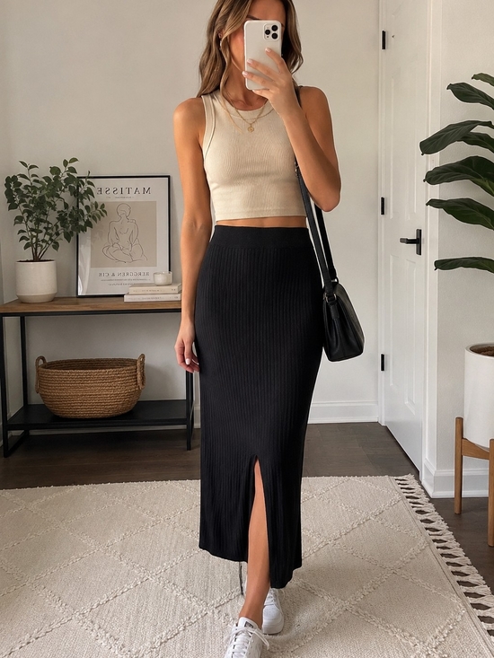 Free People Dresses & Skirts - Free People Black Ribbed Knit Midi Skirt Women’s Small Pull-On Boho Minimalist